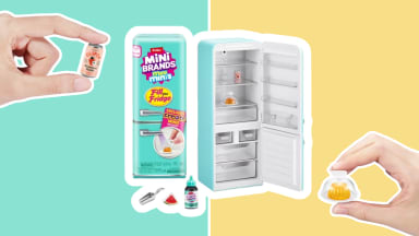 A product image of the Mini Brands Fill the Fridge playset featuring a tiny fridge, miniature food items, and collectible accessories.