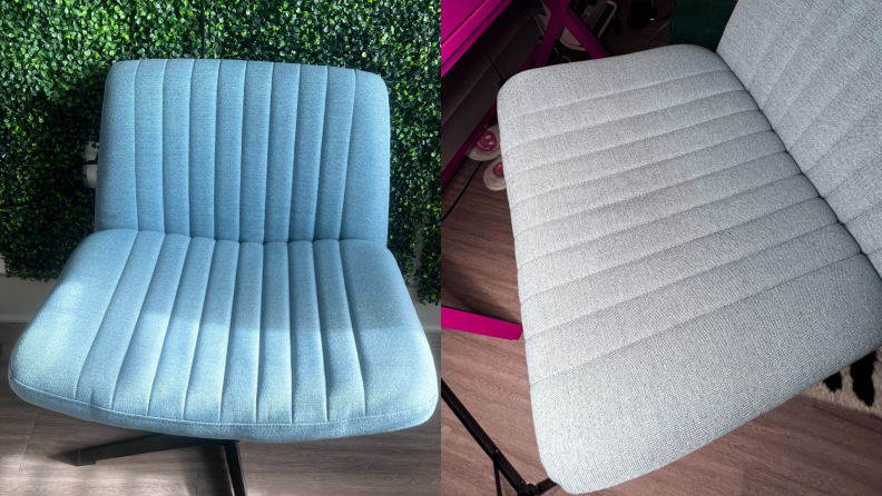 On left, the blue Pukami Armless Desk Chair on a sunny day in front of a shrubbery wall on a sunny day. On right, a close up of the linen, upholstered seat fabric.