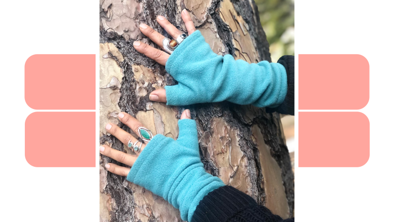 A pair of blue fleece fingerless gloves from Hertically Handmade