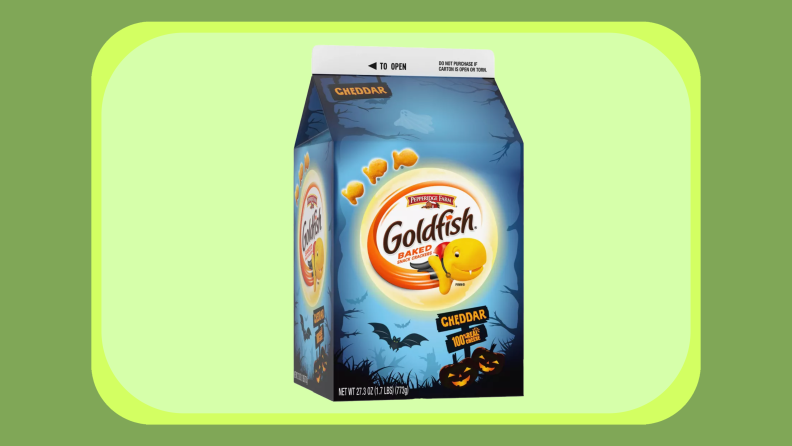 Box of goldfish shaped cheddar crackers.