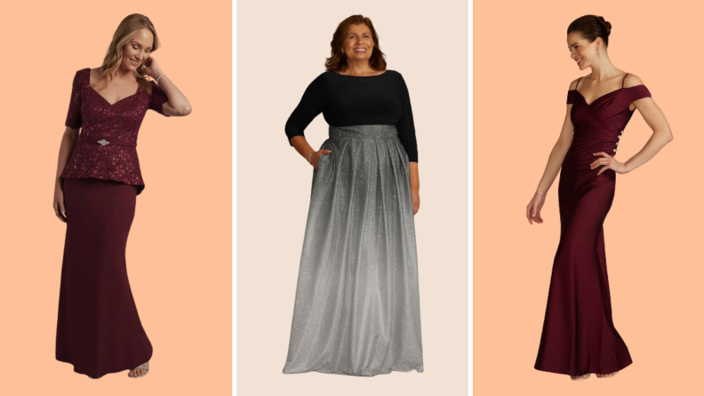 Collage of three women: the first wears a burgundy gown with a peplum waist, the second wears a gown that is black with an ombre sparkly skirt, and the third wears a burgundy gown with off the shoulder details.