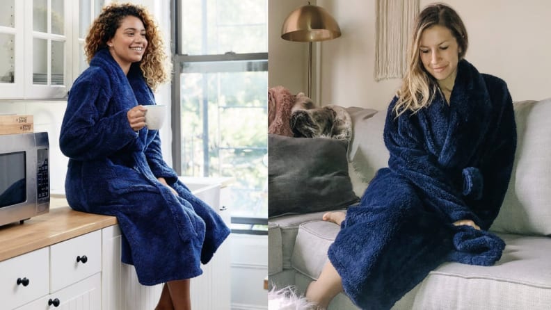 Two people wear blue robes inside their homes.