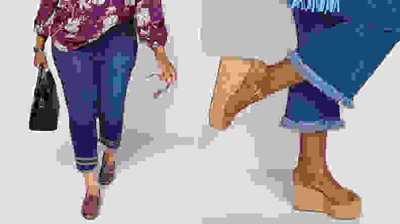 A split image of a person wearing Sam Edelman loafers, and another person wearing Sam Edelman wedge sandals—both of which are available on the QVC website.
