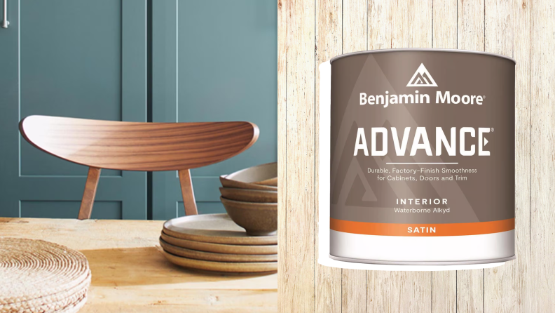 Left: Painted kitchen cabinets; Right: A can of Benjamin Moore Advance Waterborne Interior Alkyd paint on a wood background