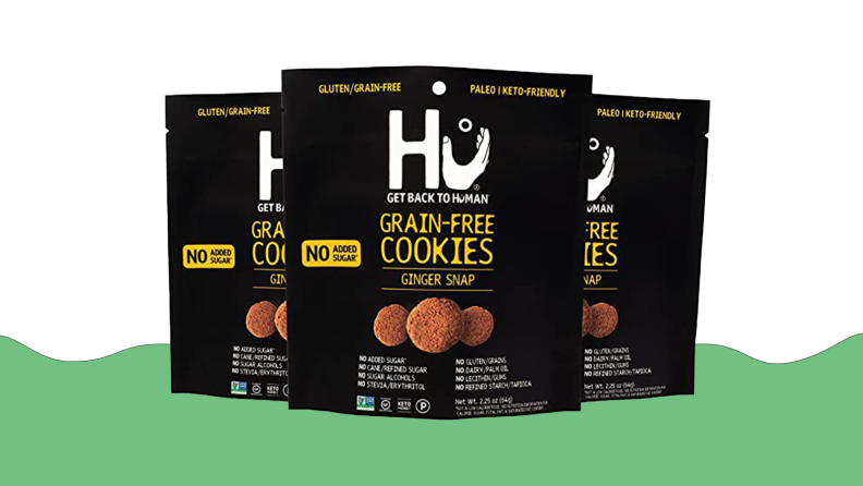 Product image of Hu Grain-Free Cookies on a green and white background.