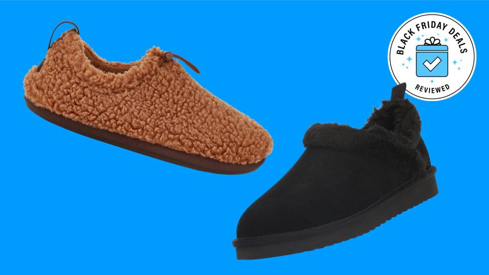 An image of an Ugg slipper in brown shearling and a black, smooth suede Ugg slipper.