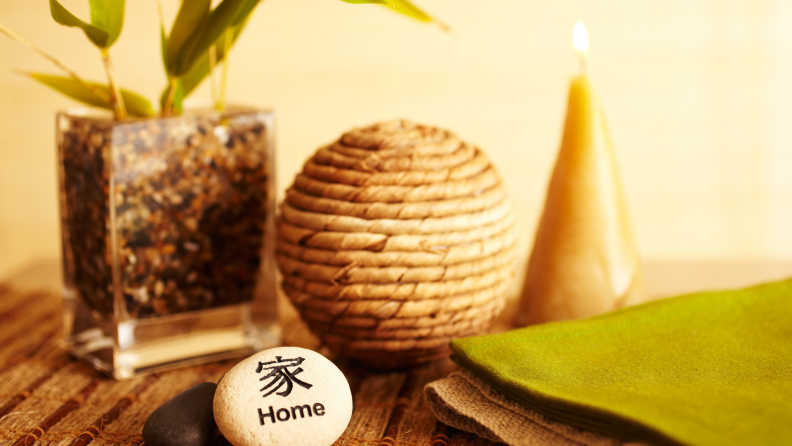 Home decor still life with bamboo in a vase.