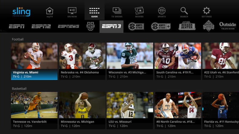 A look at the new Sling TV interface, featuring ESPN3