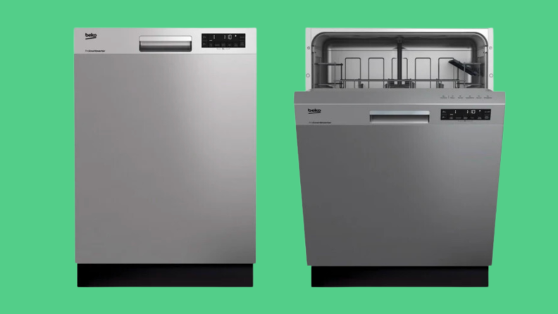 Stainless steel Beko DUT25401X dishwasher opened up to display top rack of interior.