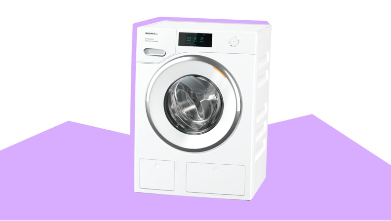 A Miele compact washer on a purple and white background
