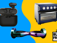 Headphones, toaster oven, and hoverboard against a colorful background.