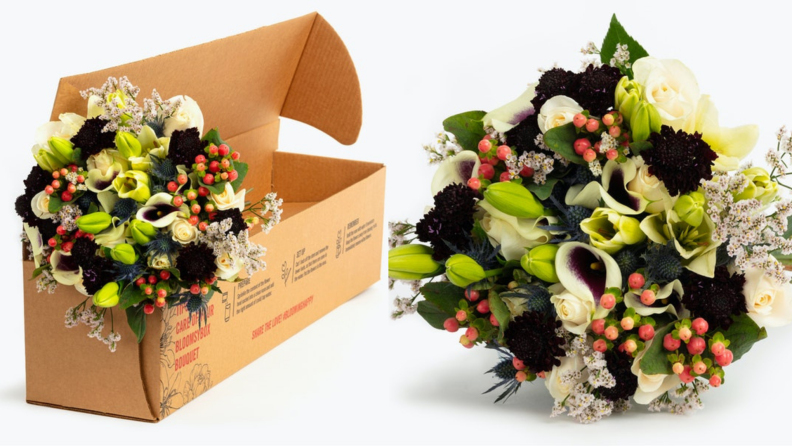 On left, bouquet of colorful cardboard box. On right, bouquet colorful flowers.