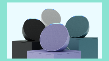 The Echo Pop smart speaker shown in four colors