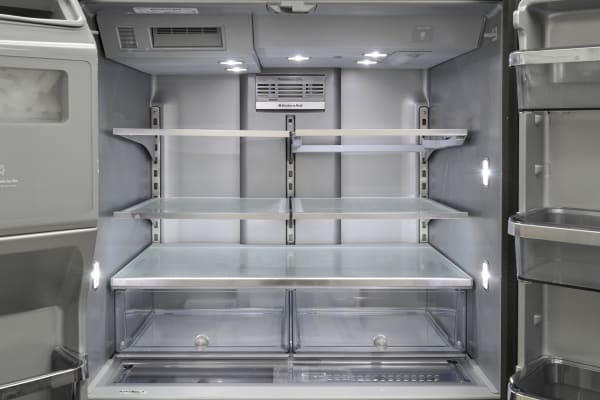 Even the fridge interior is easy on the eyes, with grey-tinged walls brightened up by plenty of LED lighting.