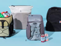 Four cooler backpacks repose over a baby blue field.