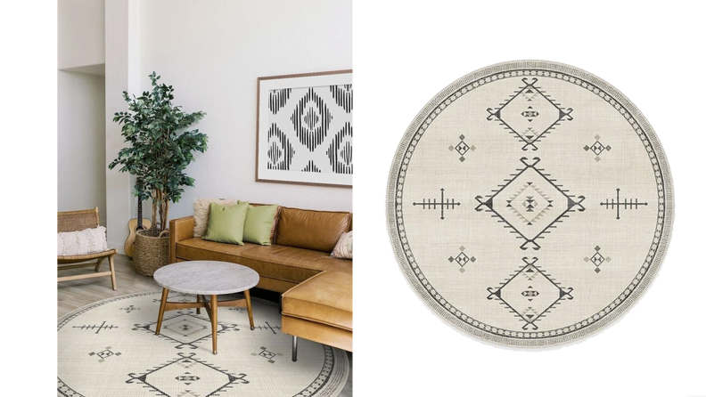 Two images of a white round rug with a geometric pattern