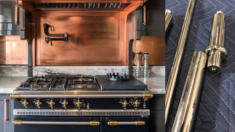 Ross Levtow, from his Glendale, New York-based RBL Metals, crafts custom furniture in a range of finishes, like this custom copper hood and matching backsplash, and this turned polished nickel bathroom vanity base.