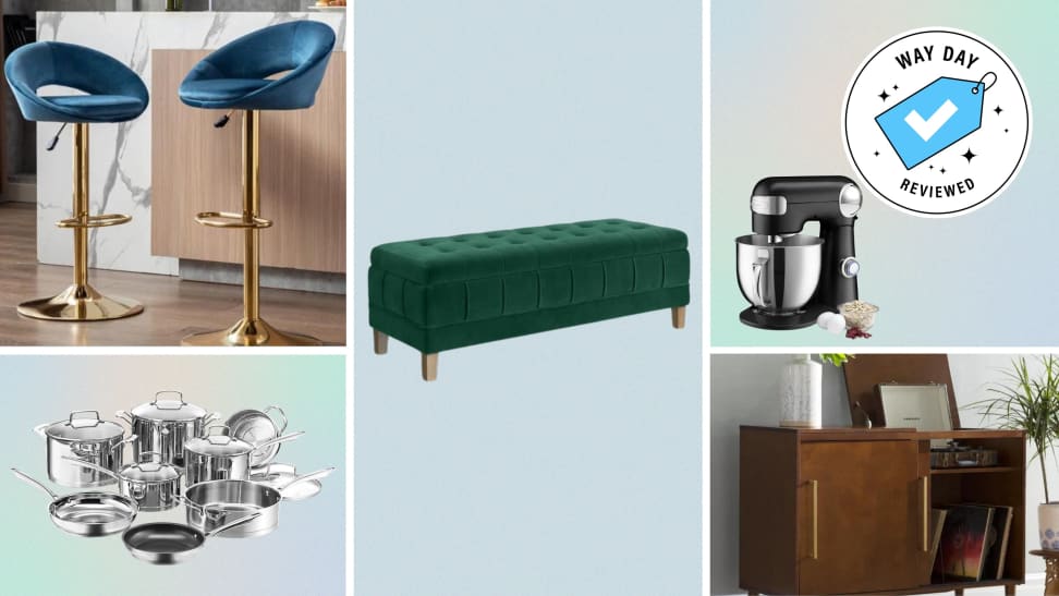 A collection of furniture with the Way Day Reviewed badge in front of colored backgrounds.