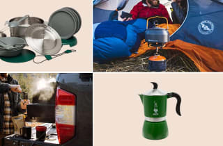 On an outdoor cookware set in the upper left corner, a portable stove at a campsite in the upper right corner with a kettle on top; A person grinding and preparing coffee on a tailgate outdoors in the lower left; A green Bialetti moka pot in the lower right.