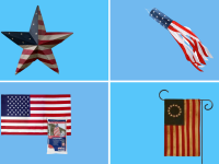 Four different variations of an American flag against a blue background.