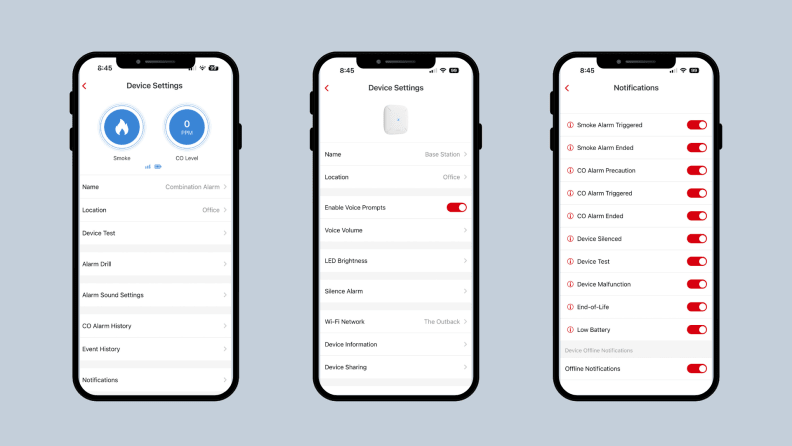 Three iPhones show images of the X-Sense app in use