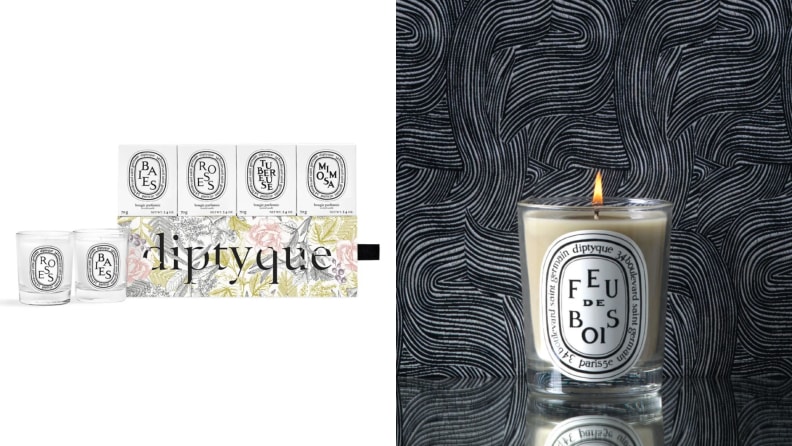 On left, a box of four Diptypque candles. On right, a singular candle burning.