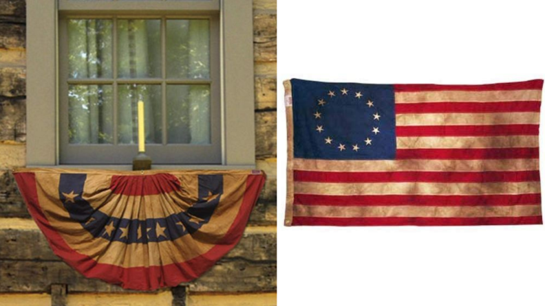 On left, heritage cotton full pleated fan flag hanging on balcony outside of window. On right, product shot of heritage 13-Star red, white and blue American Flag.