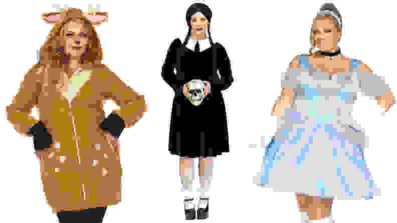 Three women standing next to each other wearing costumes: deer, Wednesday Adams, Cinderella