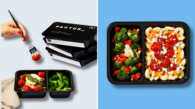 Image of Factor meals in black ready-to-heat containers, featuring broccoli, pasta, and cherry tomatoes.
