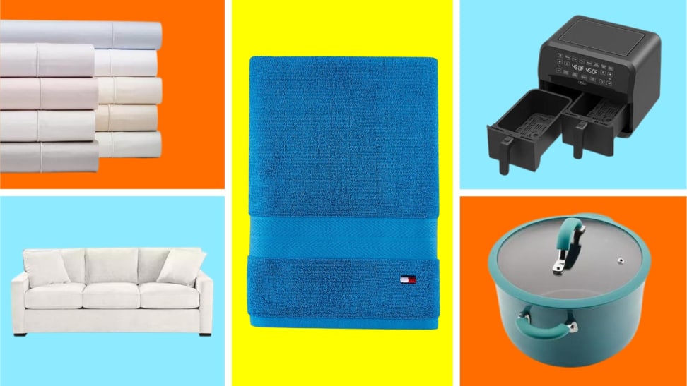 A collection of home essentials in front of colored backgrounds.