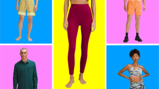 A collection of lululemon clothes in front of colored backgrounds.