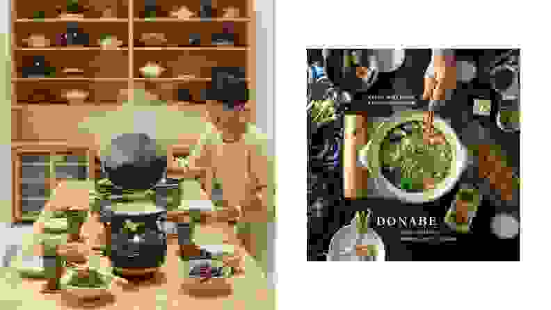 Left: Naoko Takei Moore stands next to a table as she uncovers a cooking vessel to reveal steaming soup inside. Right: The cover of Takei Moore's donabe cookbook.