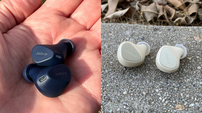 A pair of navy earbuds sit in a hand in front of a grassy, leaf-strewn backdrop. On right, the Jabra Elite 5 earbuds sitting on a stone wall.