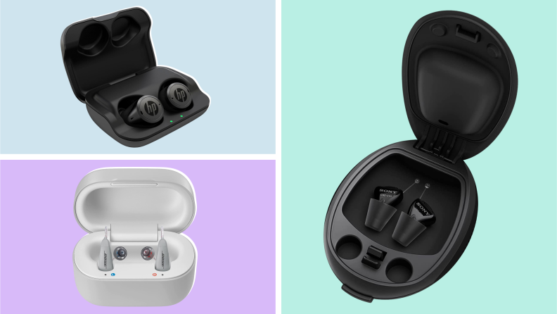 Lexie B2, Sony CRE, and HP Hearing Pro hearing aids in a three-panel image