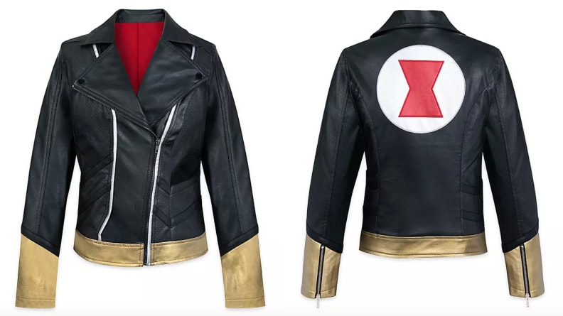 Leather jacket with Black Widow emblem.