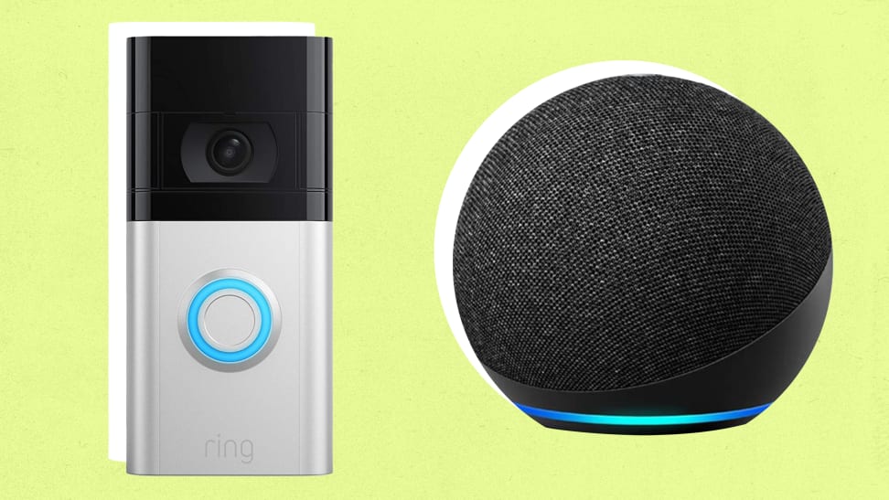 A Ring video doorbell pictured next to an Amazon Echo smart speaker