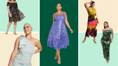 Collage image of women wearing an embroidered midi dress, a green mini dress with a bow on the shoulder, a printed brown dress, a sequined purple dress, and a floral green gown.