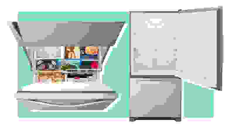 A silver Whirlpool refrigerator featuring a freezer drawer that is open with frozen food inside.