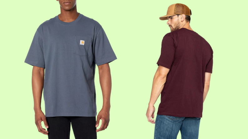 A Carhartt t-shirt in gray and also purple.
