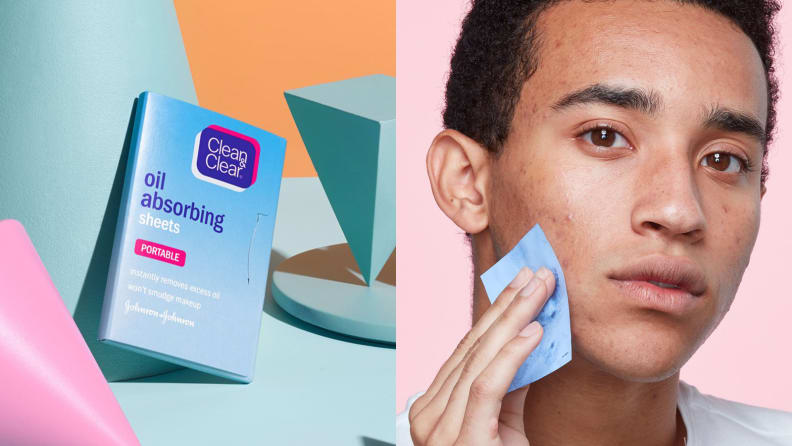 On the left: A pack of the Clean & Clear oil blotting sheets. On the right: A person dabbing their cheek with a blotting sheet.