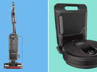 On the left is a Shark vacuum cleaner, called the Shark Apex upright vacuum. To the right is the Shark IQ robot vacuum.