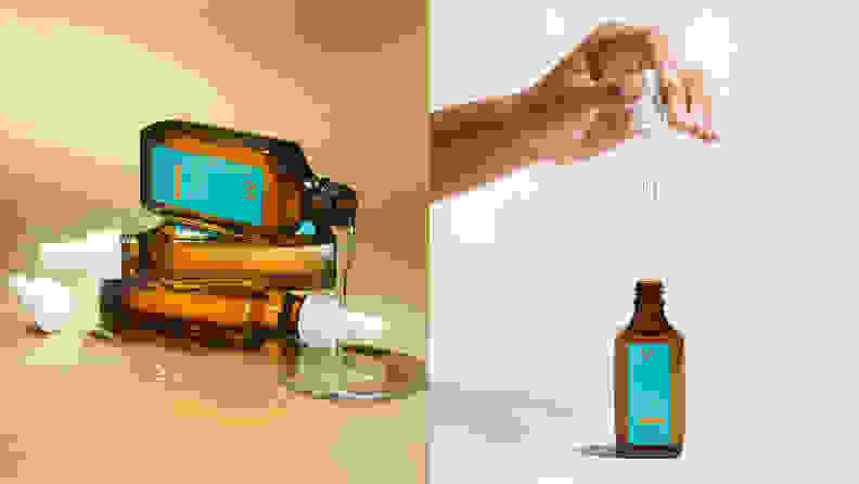 On the left: Three brown Moroccanoil bottles stacked on each other. On the right: A hand holding the bottle's dropper above the brown bottle.