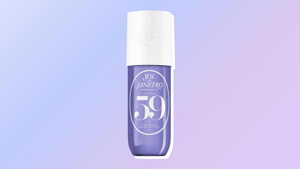 Sol de Janeiro perfume mist against a purple and blue background.