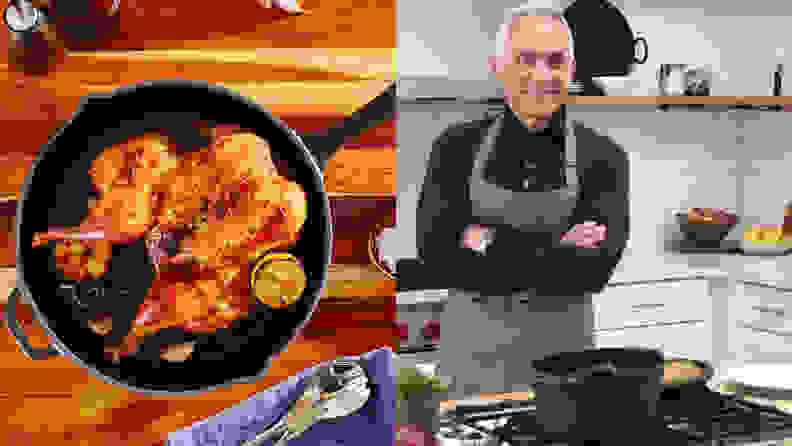 Left: chicken in cast iron, right: Geoffrey Zackarian in kitchen.