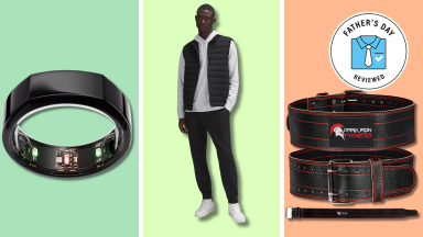 An Oura Ring, a man in a black lululemon outfit, a Dark Iron weight belt from various angles.