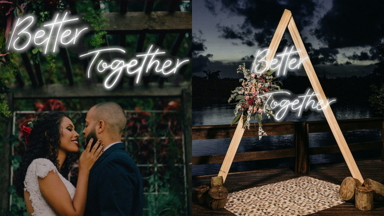 On left, couple kissing in front of neon sign. On right, triangular arch with neon sign in middle on dock next to a lake.