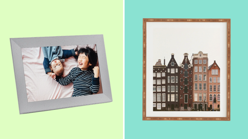A picture frame with two children in it against a light green background on the left. A print of a street of brownstone homes against a teal background on the right.