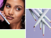On the left: A person holds up a lip liner and lip gloss close to her mouth and looks off into the distance. On the right: A grouping of lip liners splay out from the top of the photo and drip water.