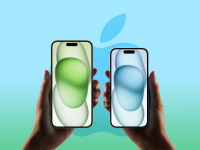 The iPhone 15 and iPhone 15 Pro held in two hands in front of a blue and green background with the Apple logo.