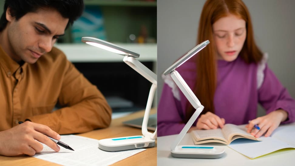 Two images of people using the Lili lamp to read.